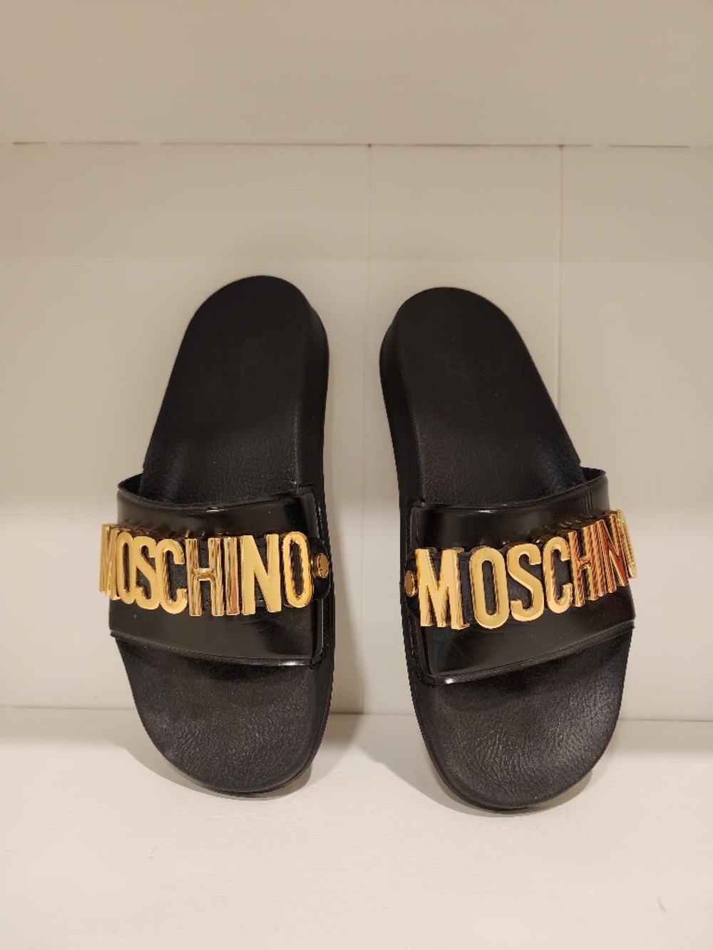 MOSCHINO Logo Slide Sandal Black & Gold Women's Size 36